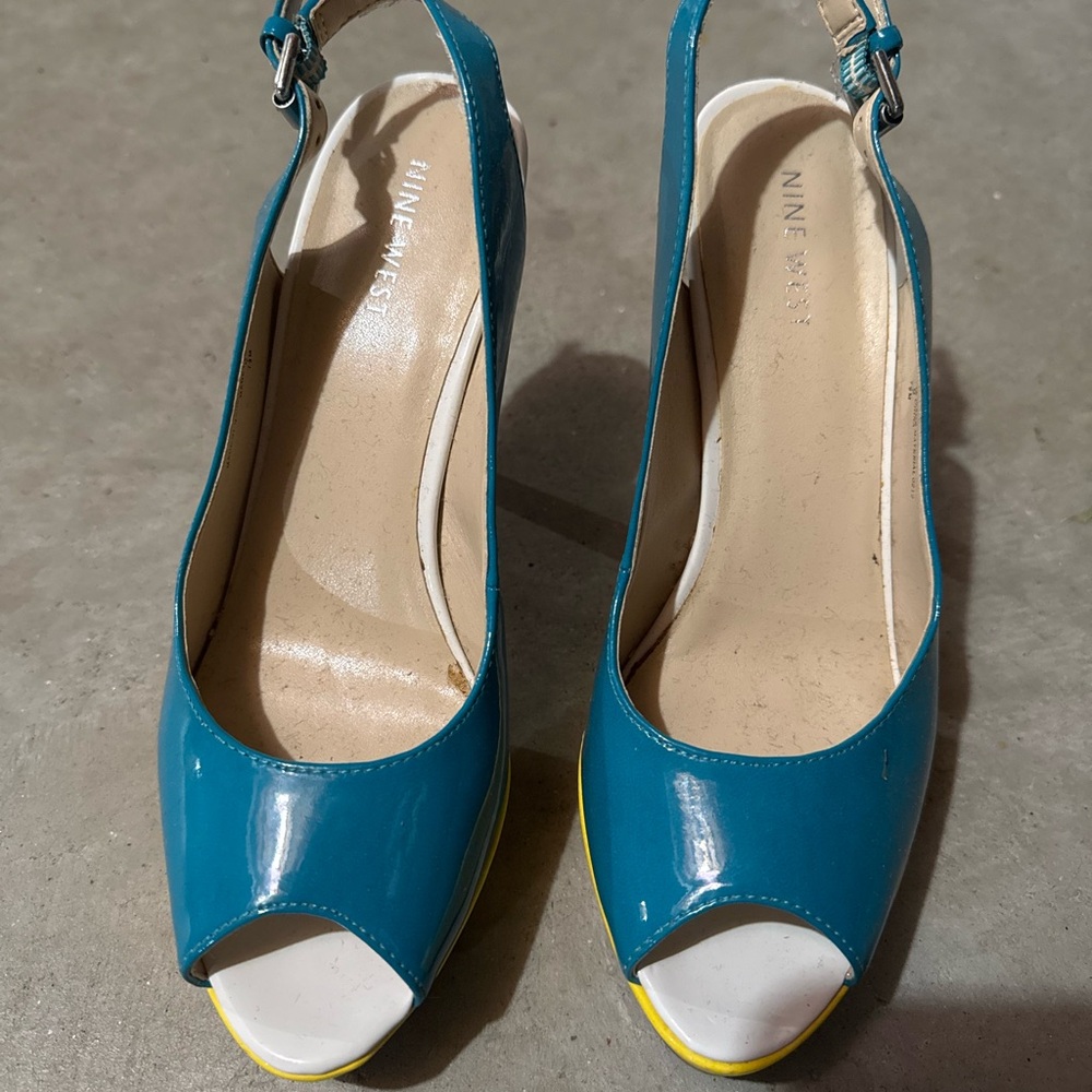 Nine West Blue and Yellow Slingback Heels